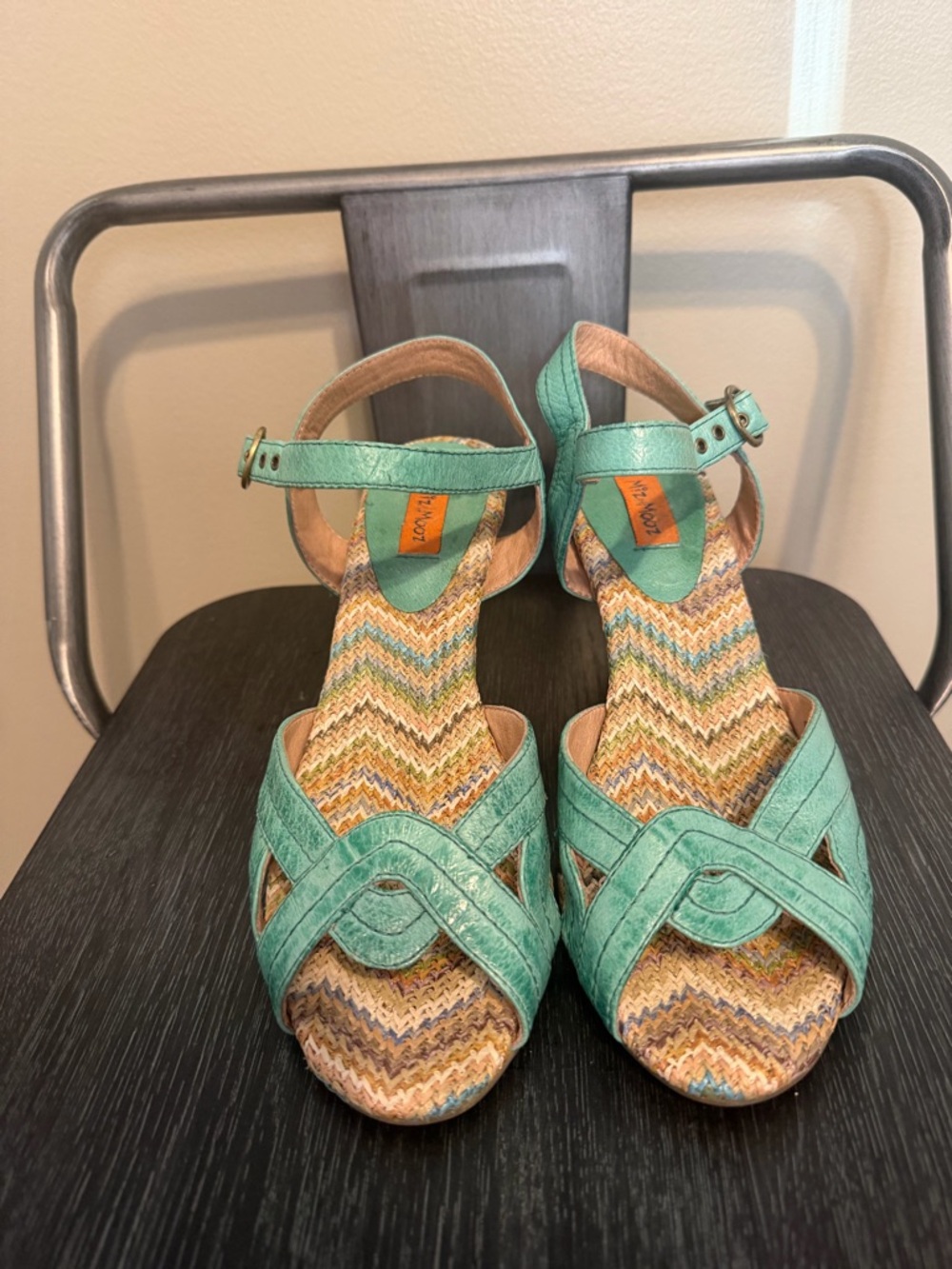 Miz Mooz Mint Green Leather Boho Heels 7.5 Woven Footbed Sandals - Picture 2 of 13